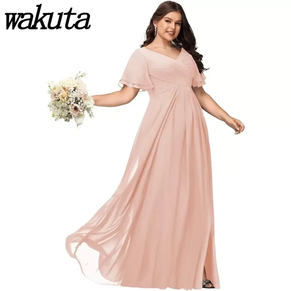 

Wakuta V-Neck Split Chiffon Bridesmaid Dress with Pockets Long Pleated Formal Dress Wedding Party Dresses vestido de festa