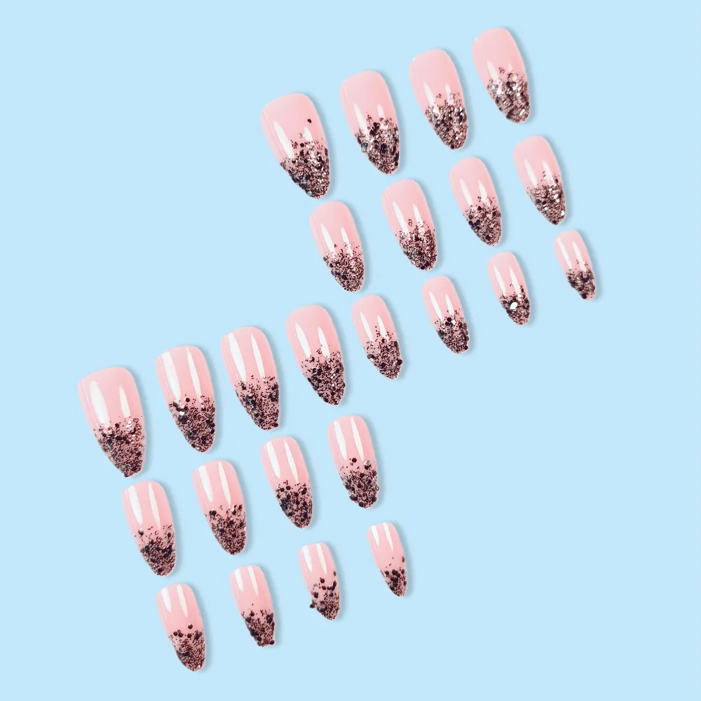 24 قطعة الأظافر اللوز وهمية مع المتقدمة عارية الوردي الأسود بريق الفرنسية تلميح تصميم اضغط على الأظافر فتاة ساخنة بسيطة منفعل الأظافر كاذبة