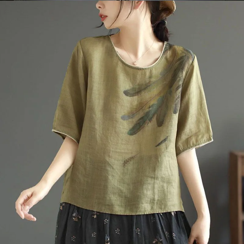 Cotton and Linen Summer 2024 New Women Vintage Printing Loose Elegant Appear Thin Thin Style Casual Round Neck All-match Tops