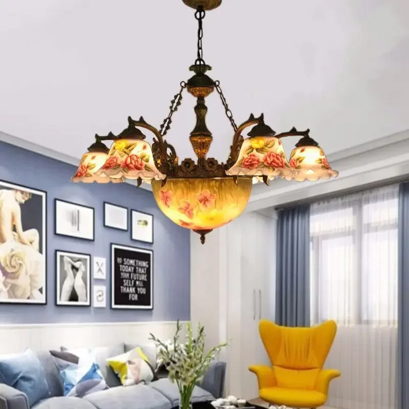 Oil painting painted glass living room bedroom dining room chandelier European pastoral light luxury romantic flower lamp