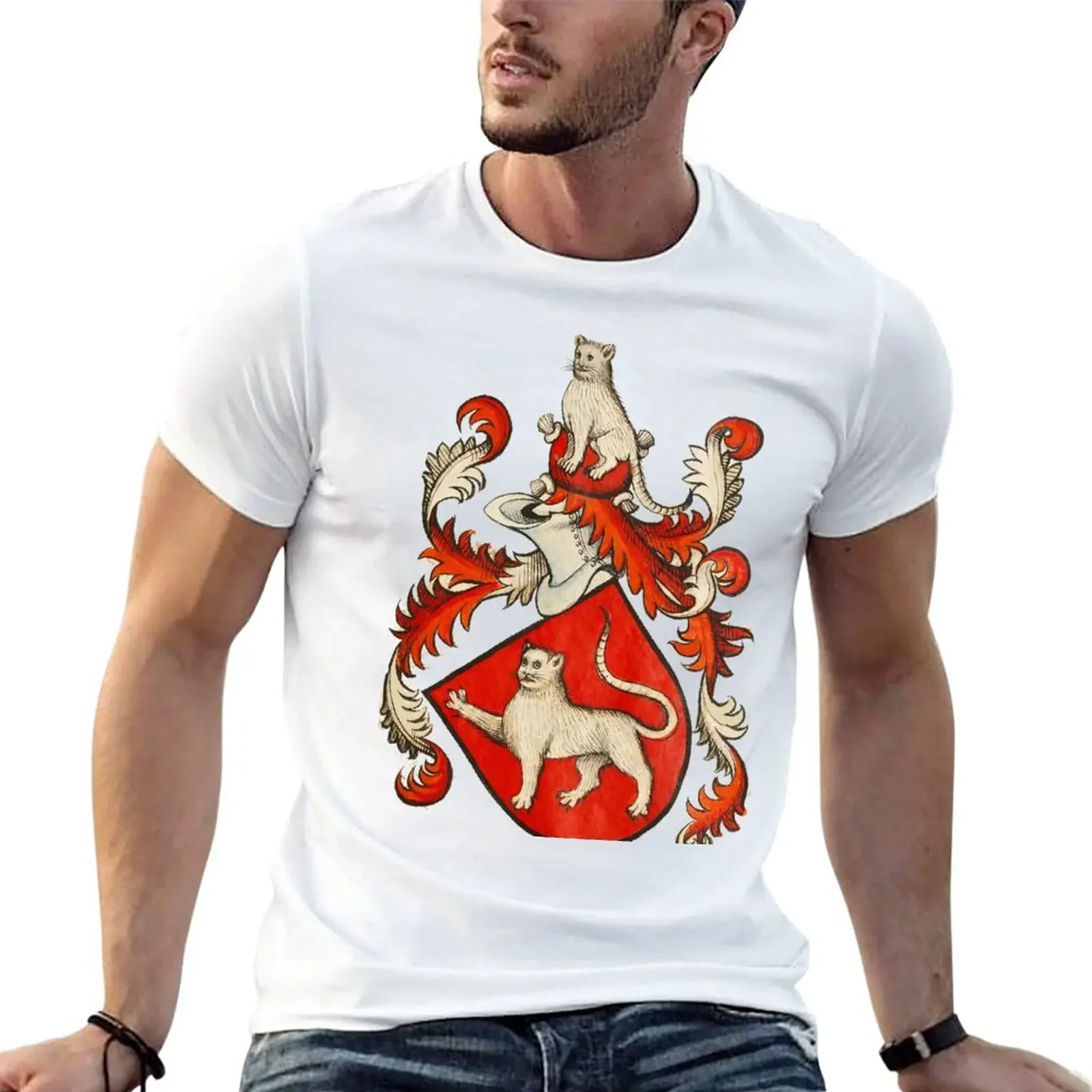 MEDIEVAL HERALDIC CATS Coat of Arms in Red Ivory colors T-Shirt tees vintage t shirts black t shirts for men