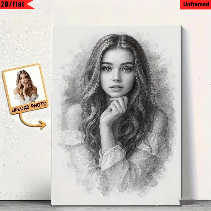Custom Photo to Couple Pencil Sketch Canvas Painting, Romantic Hand‑Drawn Art Poster, Custom Lover Memory Decor, Unframed