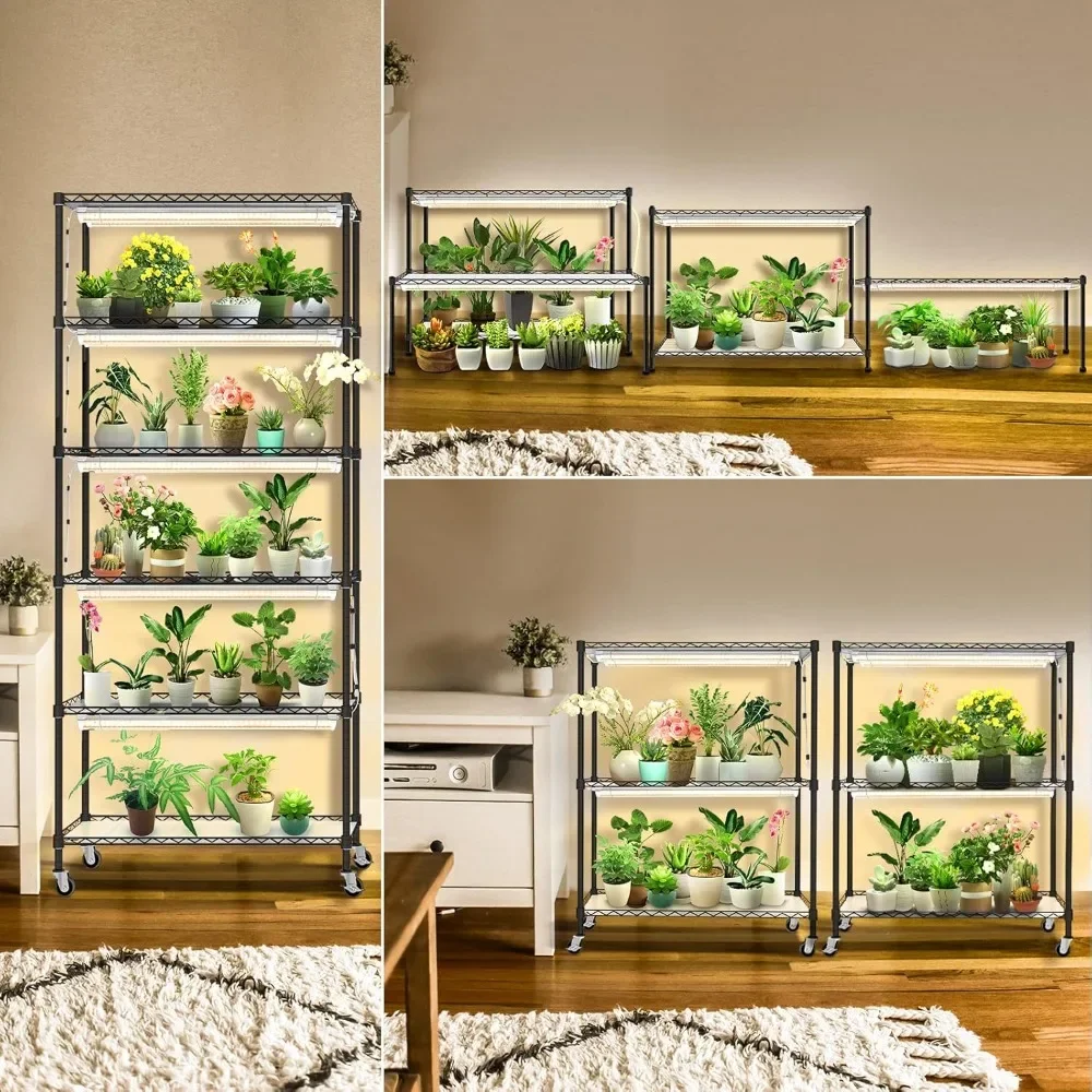 DIY Plant Shelf with Grow Lights,Adjustable Rack and Wheels,8-Pack Full Spectrum Grow Lights for Seed Starting