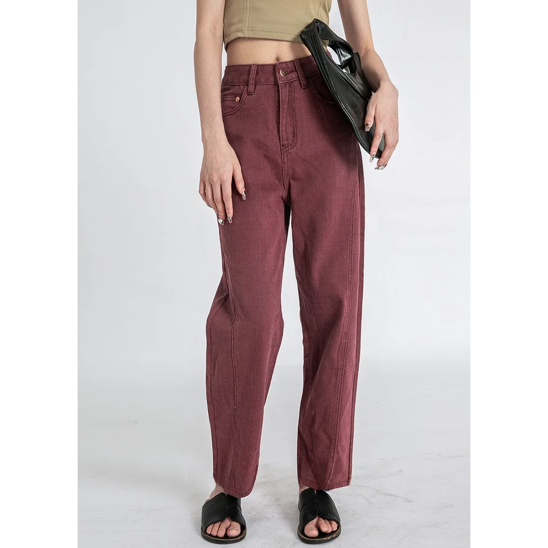 

Женские повседневные брюки цвета красного вина с высокой талией, прямые, стройнящие, универсальные, длинные джинсы на весну, лето, осень