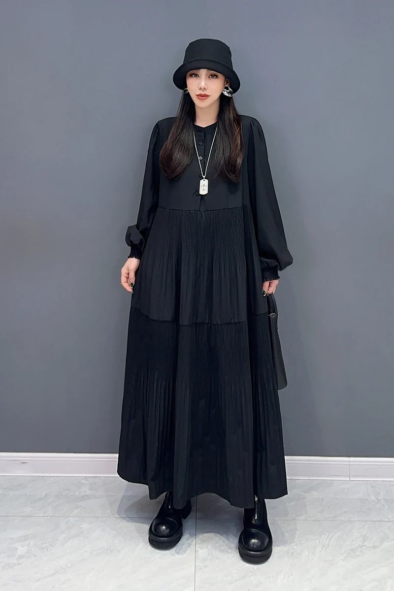 Autumn New Black Folds Patchwork Loose Long Dresses Women Fashion Solid Color Long Sleeve Dress Wholesale J298