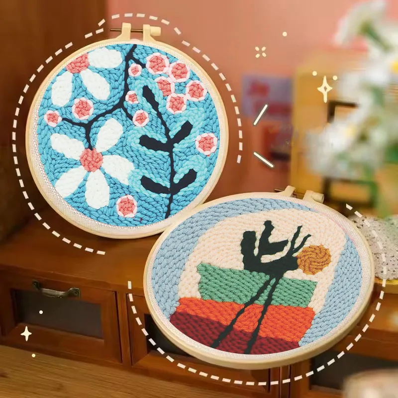

DIY Punch Needle Kit with Flower Pattern with Yarn Stamped Cloth Threader Tools Punch Needle Embroidery Kits Home Decor Gift