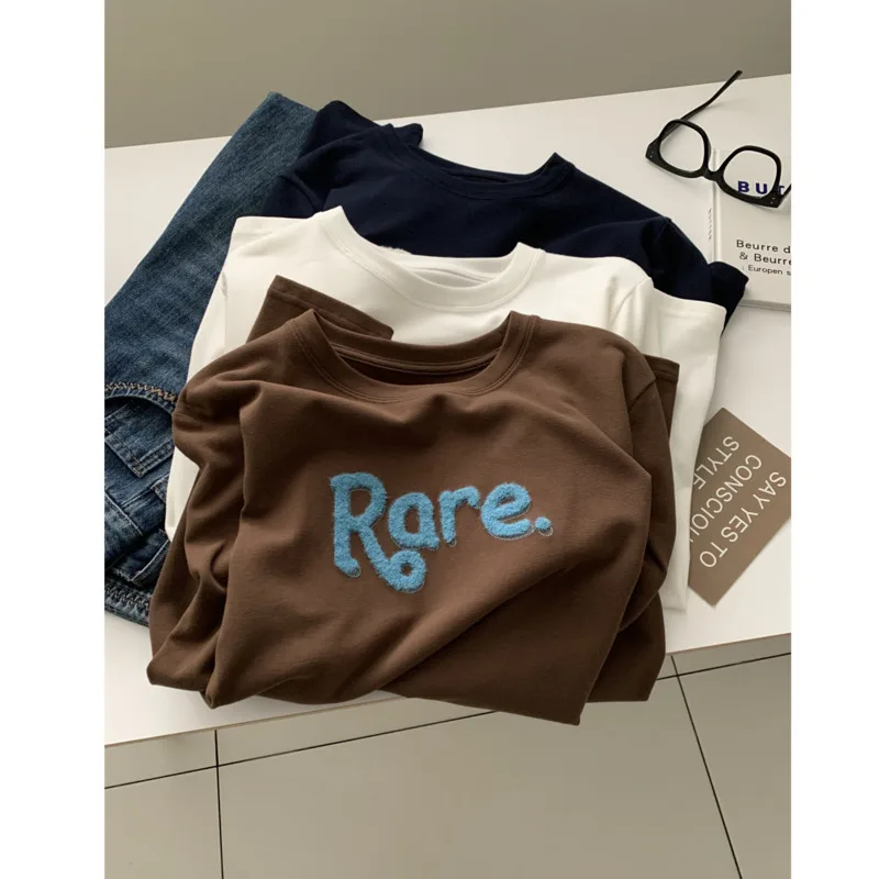 

Embroidery Brushed Long Sleeve T-Shirt Women Korean Autumn Winter Thicken Round Neck Loose Casual Tops