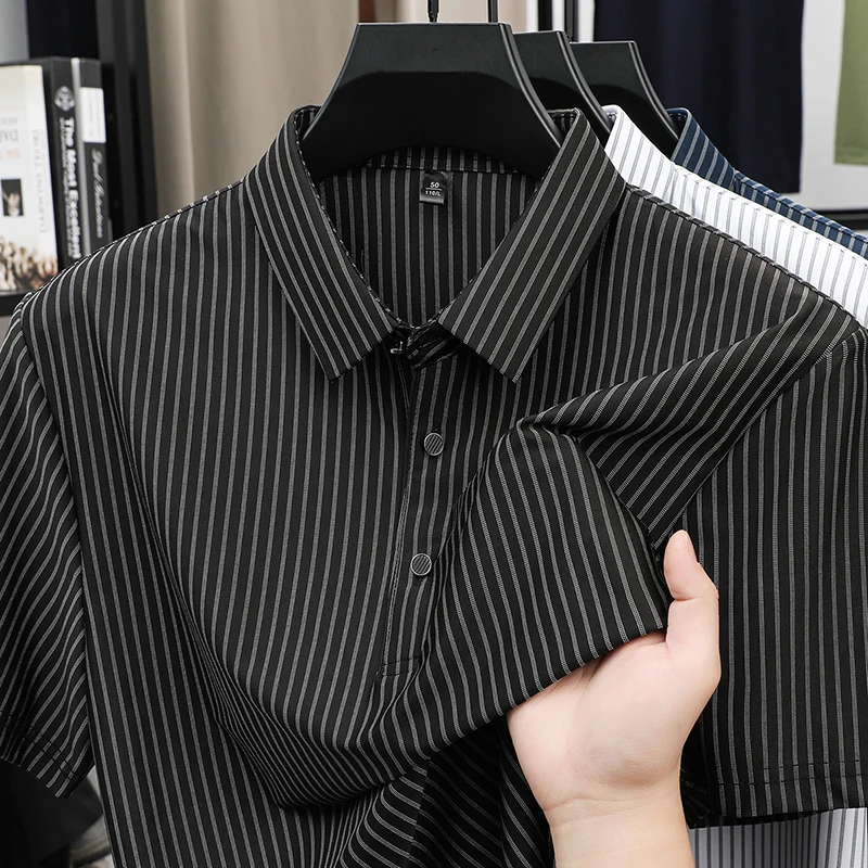 

Men's Shirt 2026 Summer New Item Collar Striped Short Sleeved T-shirt High-end Business Casual Shirt Office Commuting Outdoor
