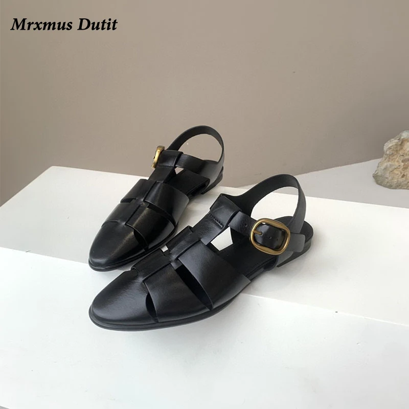 Mrxmus Dutit 2023 Summer New Fashion Women New Vintage Pointed Head Hollow Flat Sandals Versatile Simple Roman Shoes Female Chic