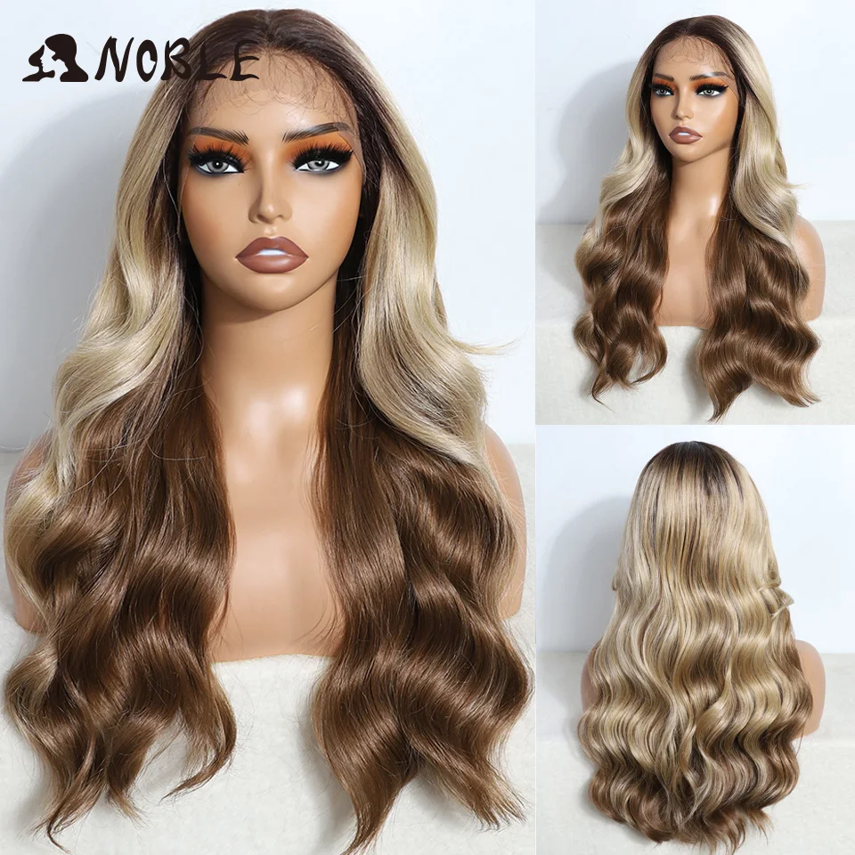 Noble Synthetic Lace Front Wig 22 Inch Wine Golden Wig Easy Wear Body Wavy Lace Wig For Women Wig Ombre Blonde Cosplay Wig