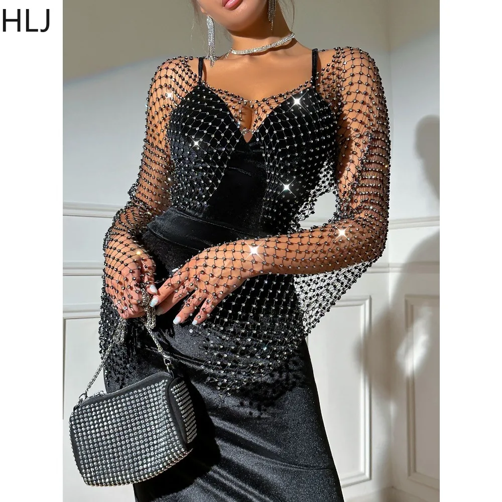 HLJ Sexy Glitter Rhinestone Fishnet Top See-through Cover-Ups Shirts Women Round Neck Flared Sleeve Hollow Nightclub Crop Tops