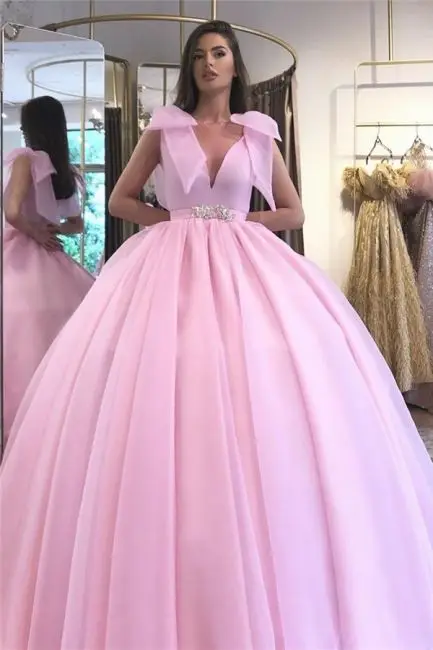 

Ball Gown Quinceanera Dress 2024 Pink Organza V Neck Sleevelss Rhinestone Belt Long Formal Party Sweet 15 Birthday Gowns