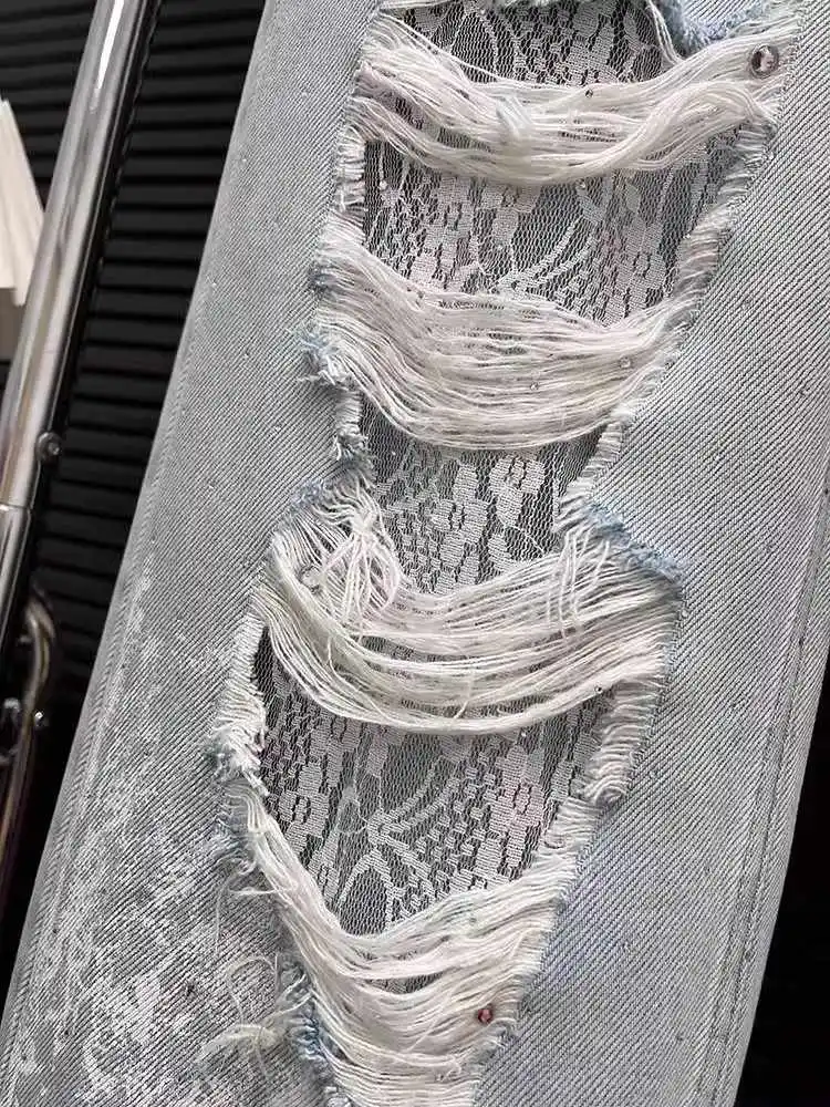 الصيف الدانتيل المرقعة ممزق الجينز للنساء خمر عالية الخصر فضفاض مستقيم الساق السراويل شيك عادية جيب واسعة الساق بنطلون