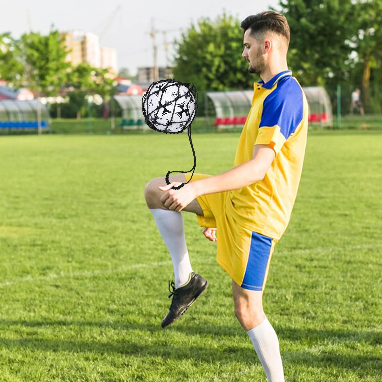 

Football Kick Trainer Net Black Adjustable Length Soccer Ball Trainer Net Solo Practice Soccer Kick Throw Return Training Tool