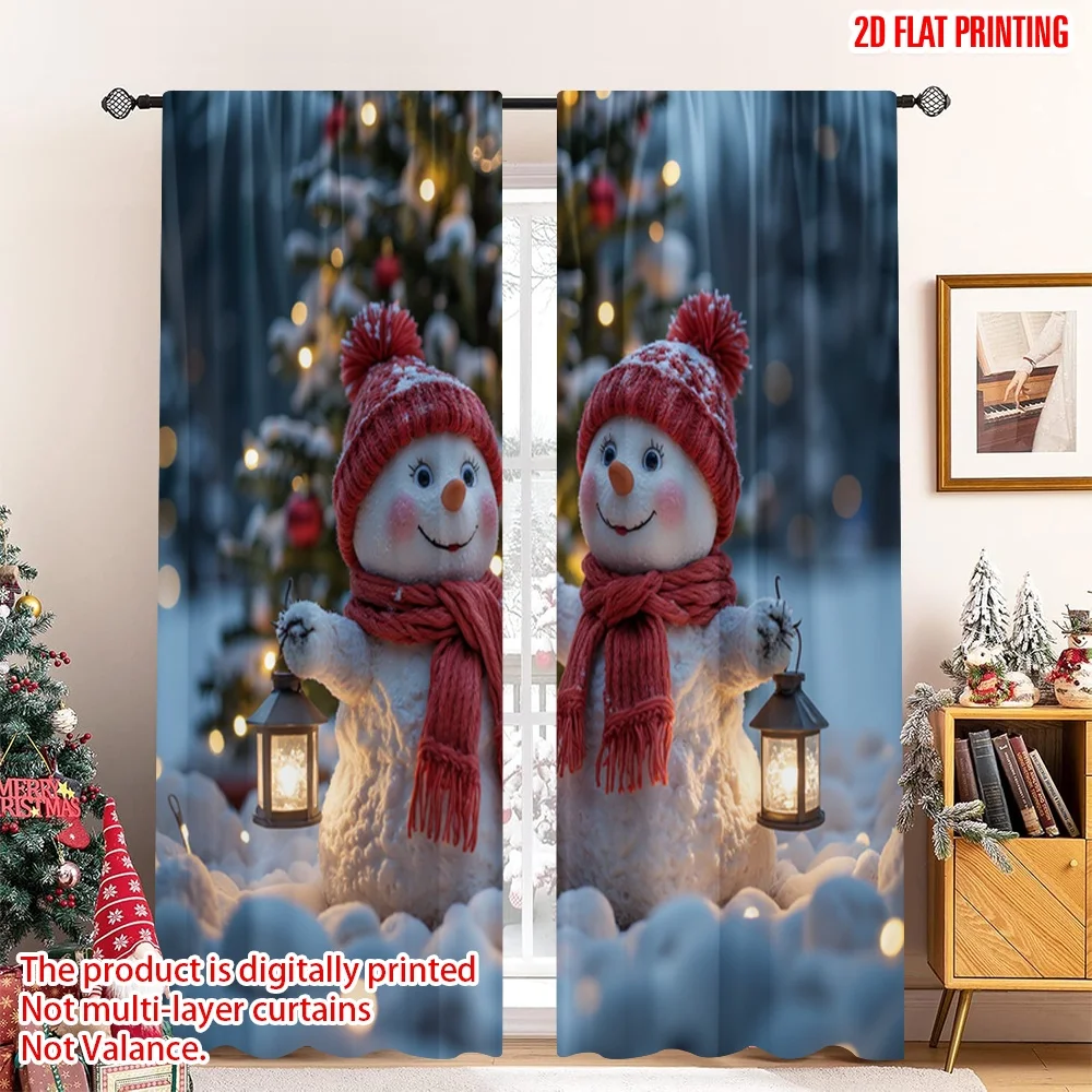 

2pcs 2D flat printing Christmas Scene Curtain Cute Snowmen Winter Wonderland Polyester Without Electricity Party & Holiday Decor