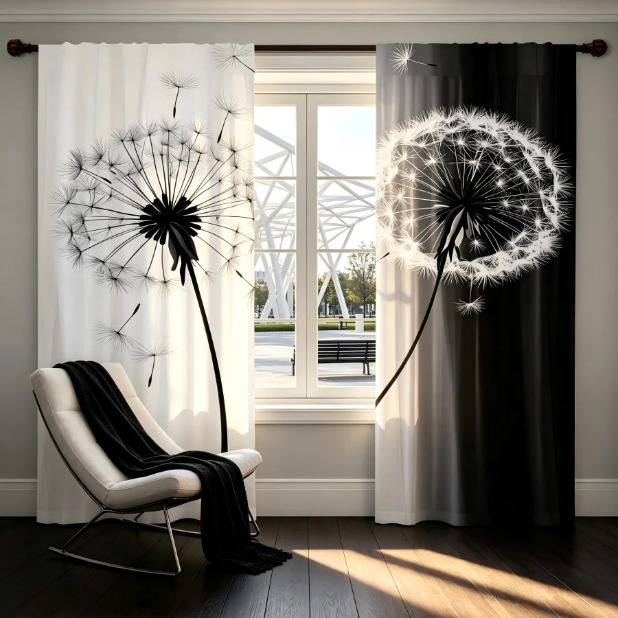 2PCS Digital Print  Curtain, Black White Gradient Dandelion, Modern Home Decor  Curtain for Bedroom Living Room