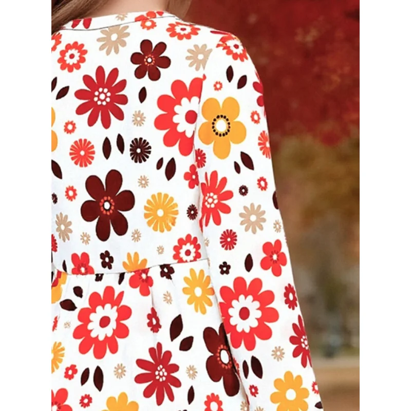 فستان بناتي عتيق بأكمام طويلة مزين بالزهور للخريف فستان بنمط عتيق مطبوع ملون للفتيات