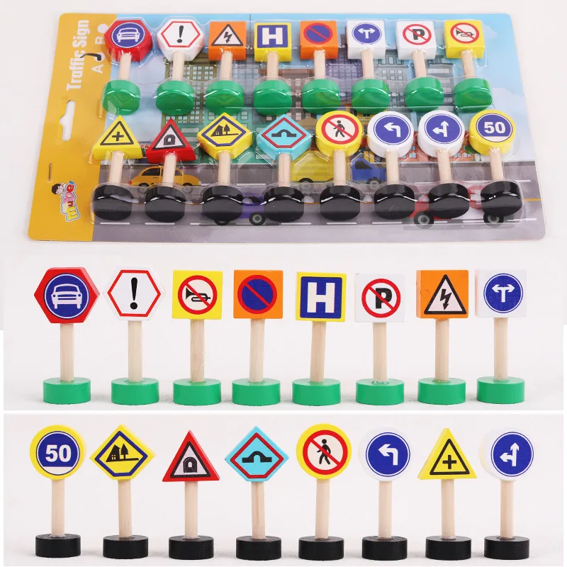 Wooden Traffic Signs,Building Blocks,Children's Educational Safety Awareness Enlightenment,Rail Street View Toy Accessories