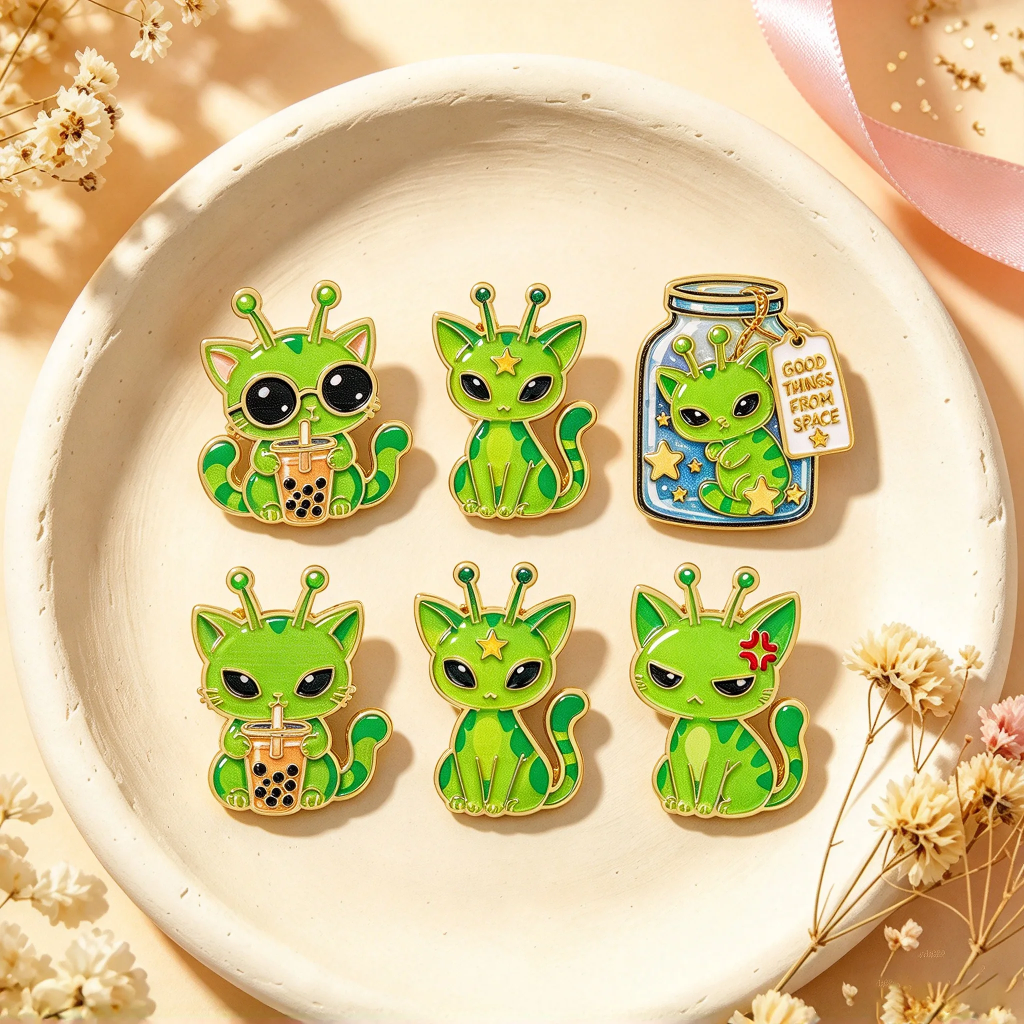 Broche en émail métallique, épingle de revers, mignon motif extraterrestre, chat, thé à bulles, bocal, étoile, accessoire pour sac à dos, vêtements, sac, bijoux, cadeau