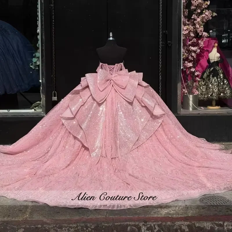 Shiny Pink Ball Gown Quinceanera Dresses Beading Crystal Diamonds Bow Corset Off Shoulder Sweet 16 Dress Customized image 2