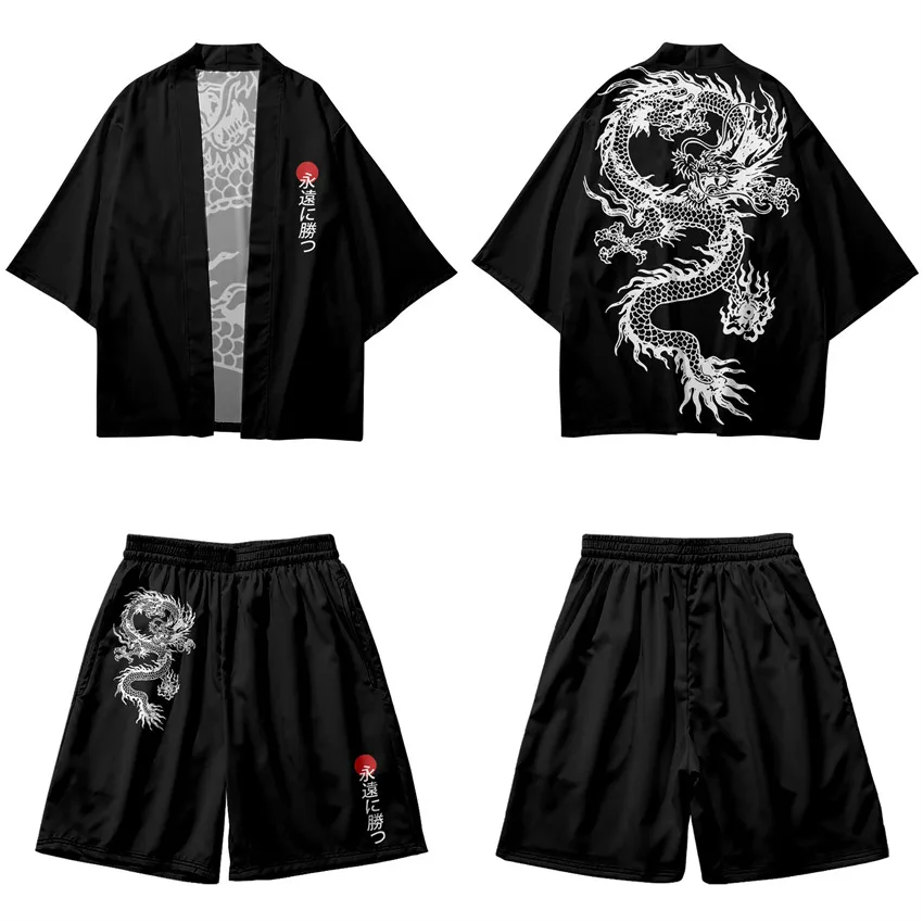 Conjunto de Duas Peças Inovador: Cardigã Japonês Masculino com Estampa de Dragão, Yukata Vermelho e Shorts Kimono - Roupa Asiática em Patchwork