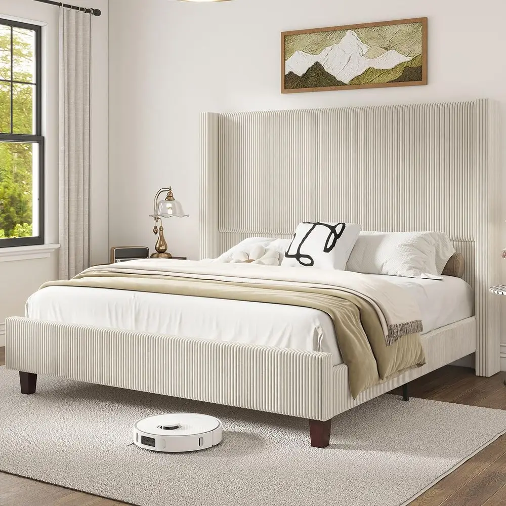 King Size Bed Frame with 61.4 Extra Tall Headboard, Corduroy holstered Bed with Vertical Wingback Headboard, No Box Spring Ne