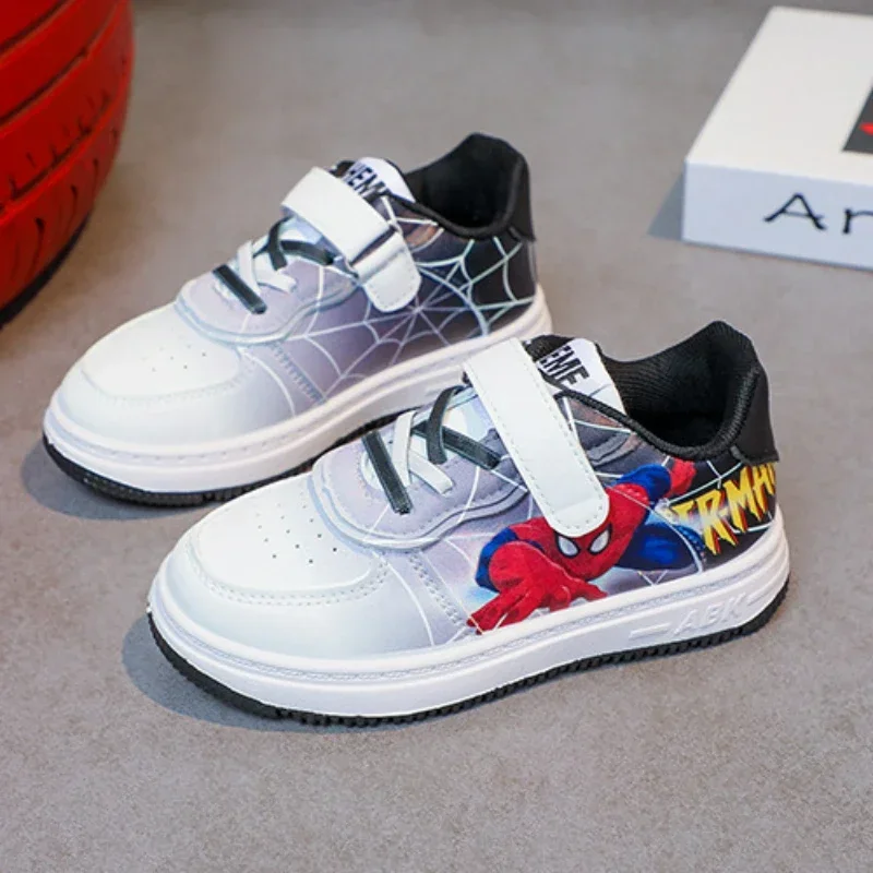 Disney Children's Casual Shoes Cartoon Spiderman Boys Sneakers Student Shoes Kids Pu Leather Outdoor Shoes Size 26-37