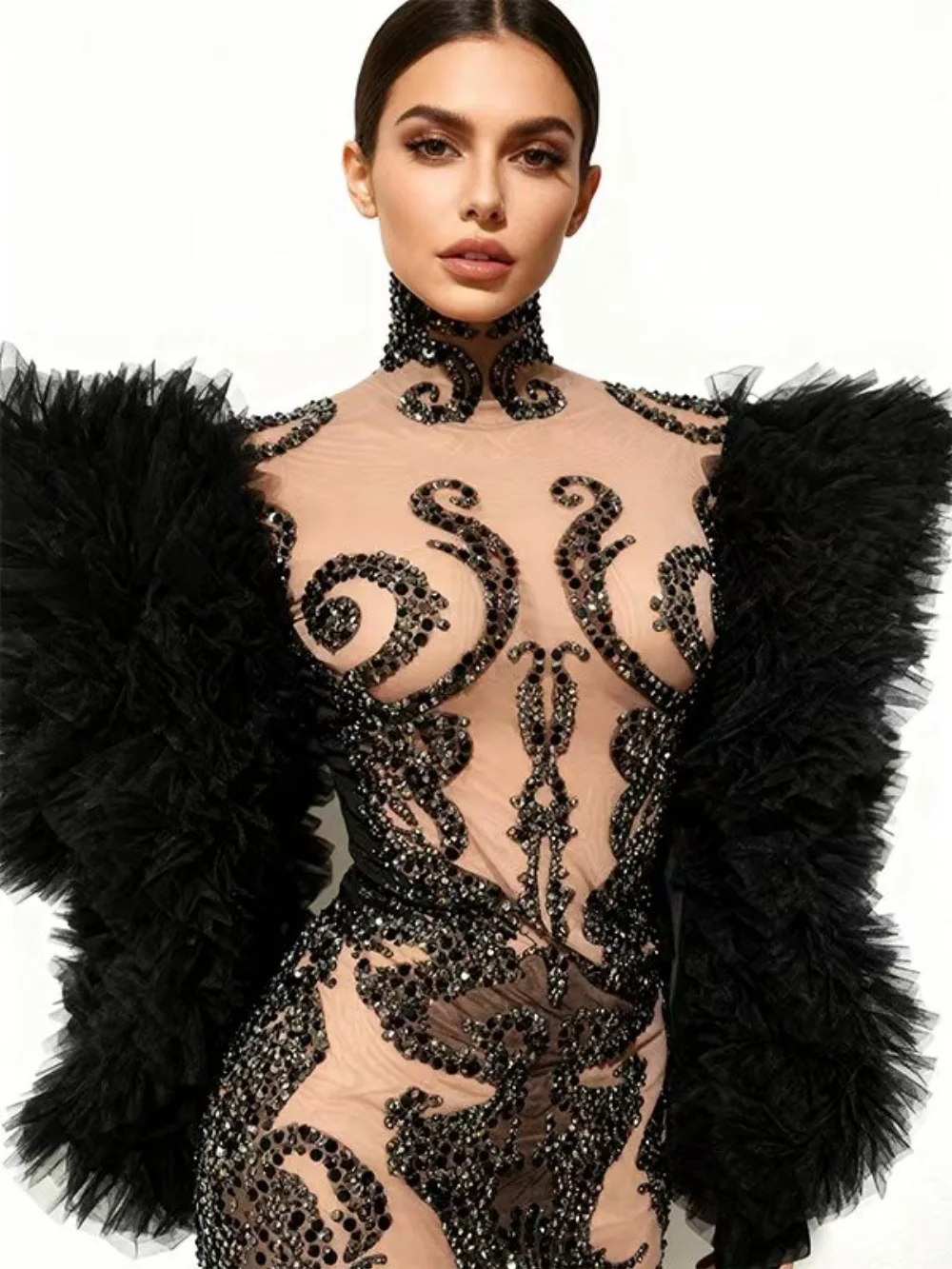 

2026Sparkly Black Rhinestone Mesh Dress with Fluffy Feather Sleeves Bodycon Mini Outfit for Birthday Nightclub Stage Performance