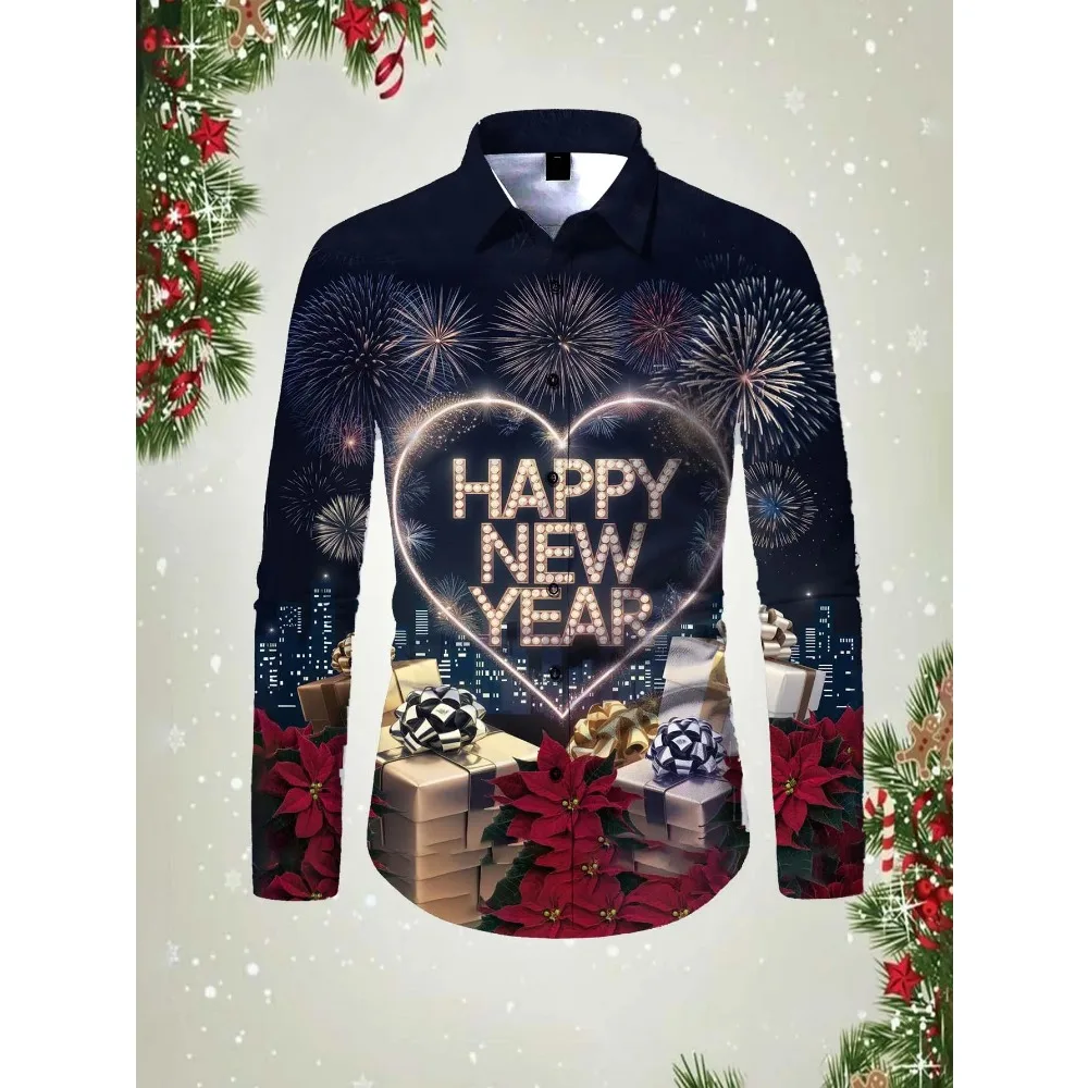 2025 Happy New Year Pattern 3D printed Men's long sleeved lapel shirt top spring autumn new fashion casual unisex clothing