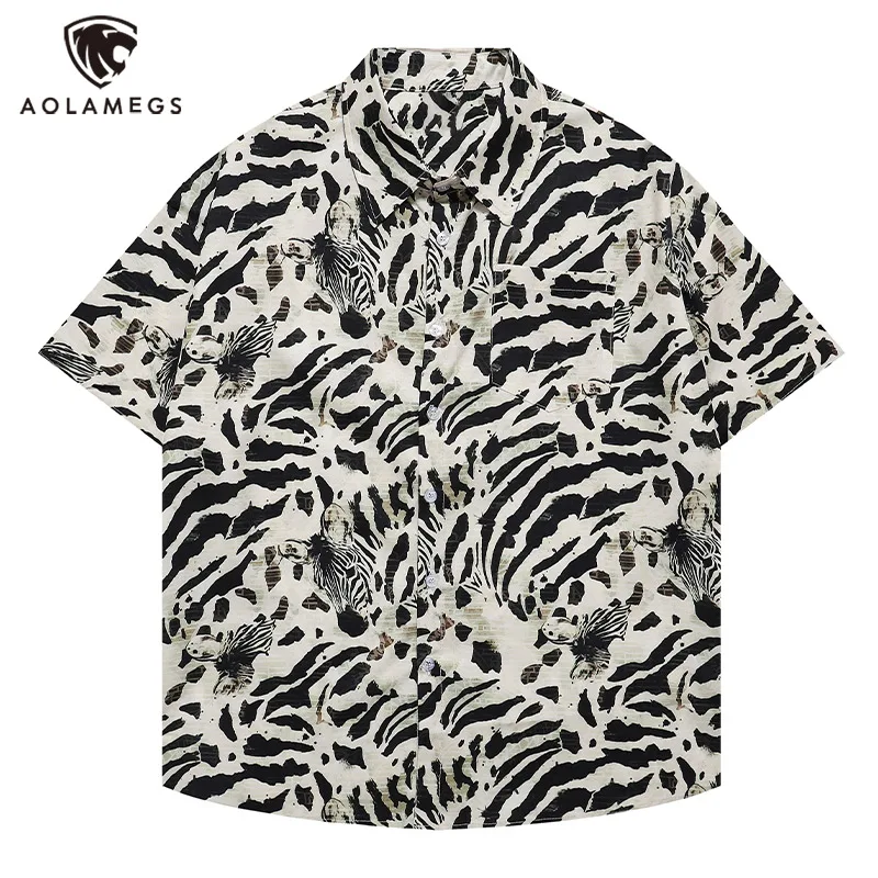 Men Shirts Zebra Print Stylish Harajuku Short Sleeve Shirt Casual Loose High Street Clothing Button Lapel Streetwear Unisex