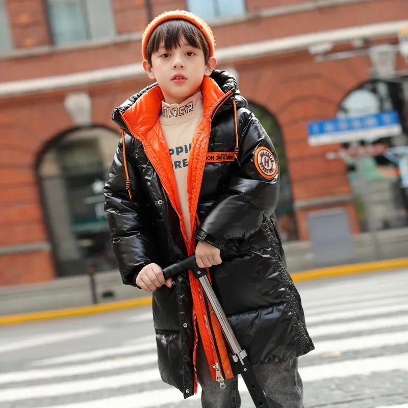 Winter -30 Degrees Children Long Down Jacket Boy Hooded Windproof Warm Outerwear School Kids Black Thick Overcoat 6 8 10 12 14Y