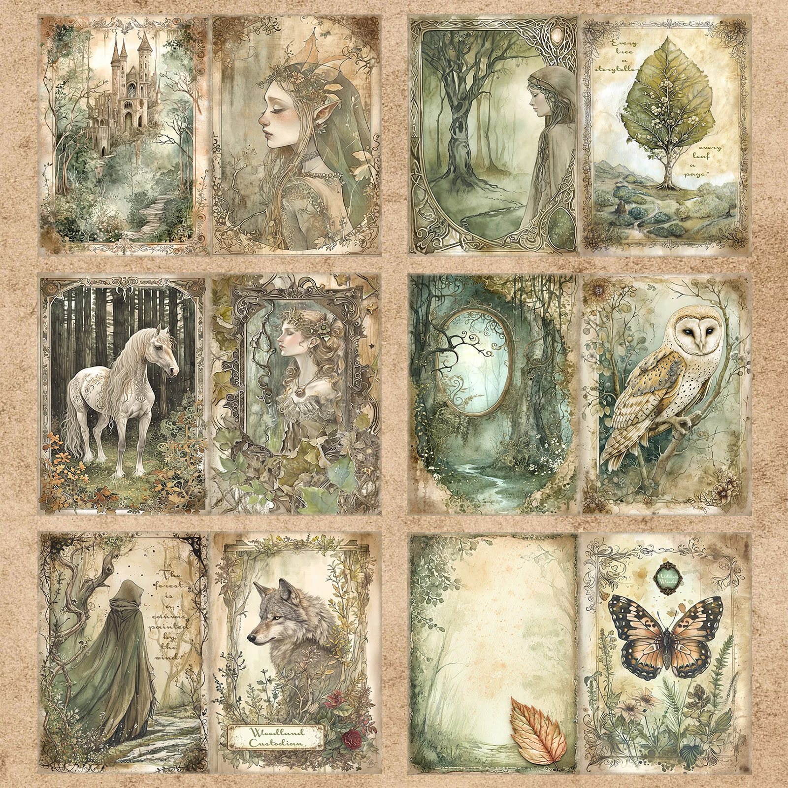 16 Sheets A5 Size Plants Forest Animals Brown Bear Deer White Horse Wolf Background Vintage Grunge Journal Planning Scrapbooking