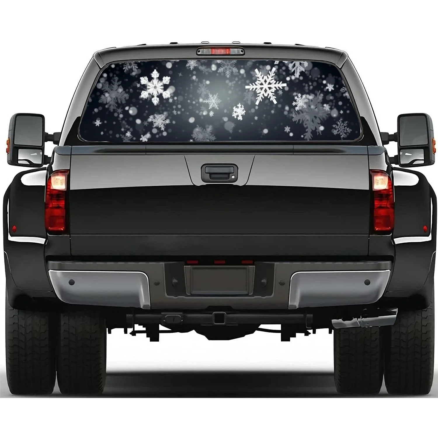 

Снежные хлопья падают от неба, наклейка на заднее окно, подходит для пикапа, грузовика, автомобиля, универсальная прозрачная перфорированная виниловая наклейка на заднее окно