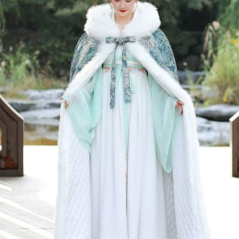 الموضة والفردية Hanfu كيب كيب شال فرو الشتاء الفراء طوق سميكة ودافئة طويلة النمط الصيني معطف لشتاء المرأة
