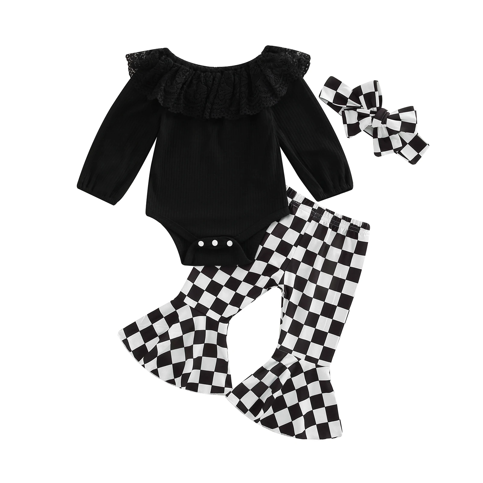 

2022-07-07 Lioraitiin 0-18M Newborn Infant Baby Girl 3Pcs Fashion Clothing Autumn Long Sleeve Solid Bodysuit Plaid Flared Pants