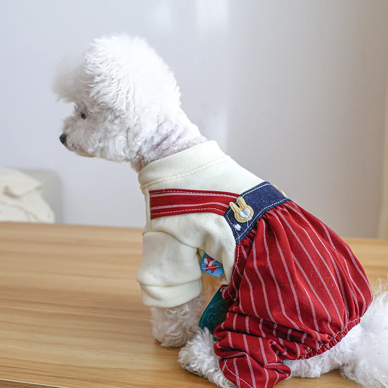 1PC Pet Apparel Dog Spring and Autumn Wine Red Striped Four legged Pants Rabbit High Waist Strap Pants For Small Medium Dogs