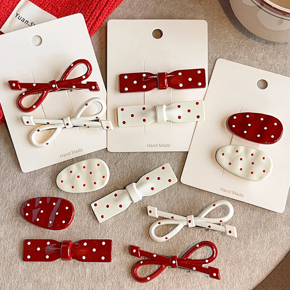 2pcs/Set Christmas Bowknot Hair Clips Red Color Polka Dot Oval Duckbill Hairpin Girls Bangs Side Barrettes For Party Friend Gift