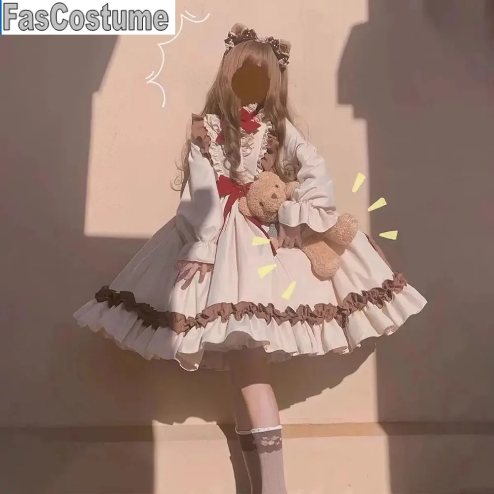 Lalka Retro Lolita Sukienka dla kobiet Urocza Jesienno-Zimowa Sukienka z Długim Rękawem Kokarda Słodka Dziewczyna Wyszczuplająca Talia Sukienka A-line Fuffly