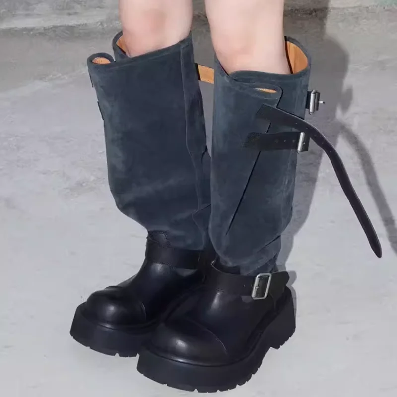 

Suede Patchwork Oversize Toe Knee High Boots Thick Heel Buckle Belt New Arrivals Fashion Women Modern Boots