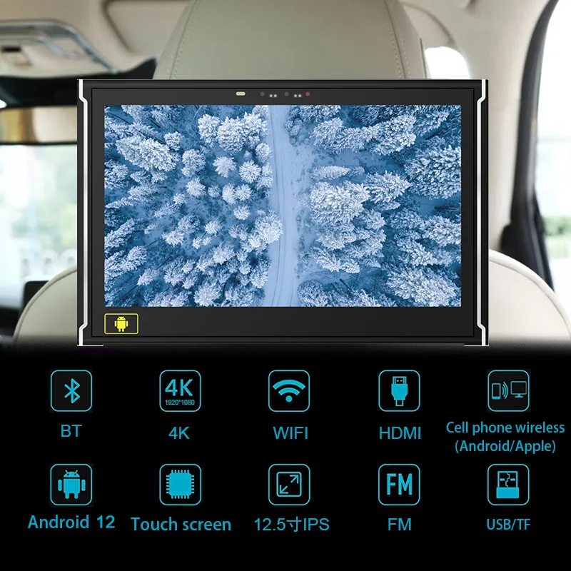 Android 12 Headrest Monitor TV 4K Car Monitor 12.5 Inch Multifunction Tablet Touch Screen WiFi/USB/HDMI Support Games Function