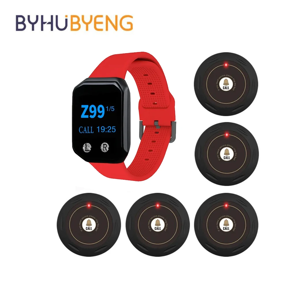 BYHUBYENG Restaurant Pager Wireless Calling System 1 Watch + 5 Transmitter Button For Cafe Bar Club Customer Service