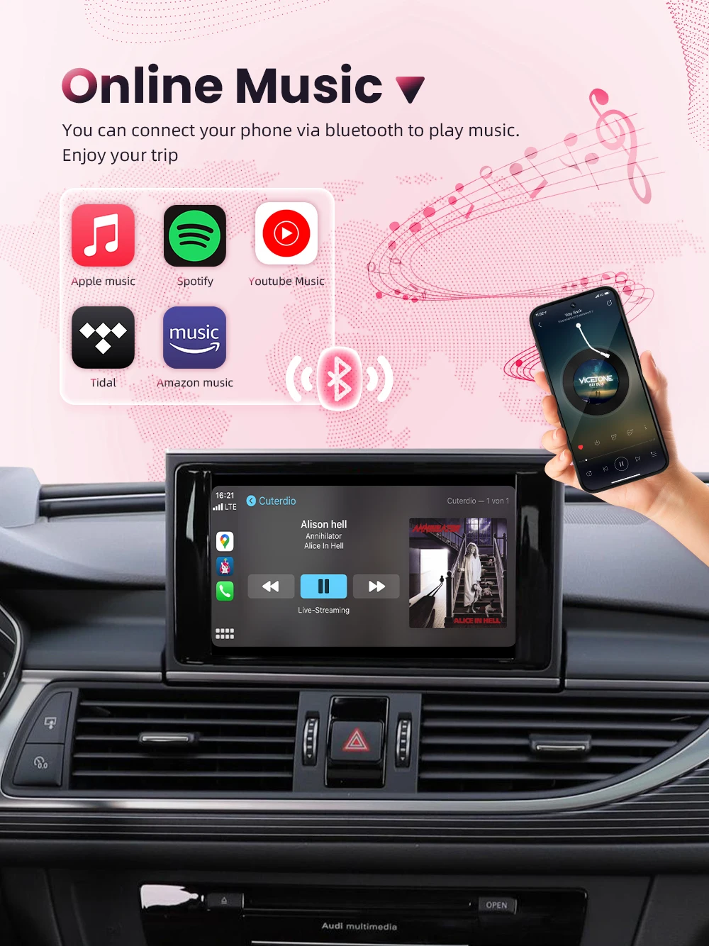 BONROAD Drahtloses CarPlay-Schnittstellenmodul für Audi A6 A7 A4 A5 Q3 A1 Q5 mit Android Auto Mirror Link AirPlay Bluetooth – Detail 7