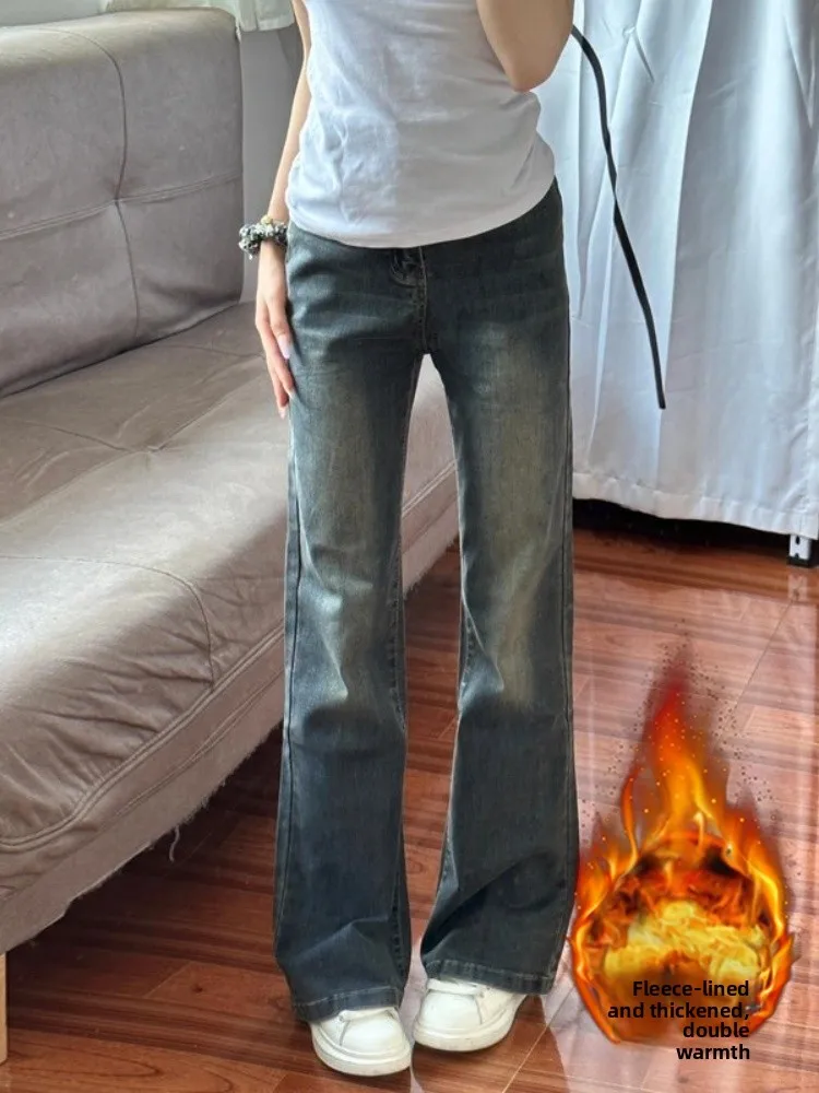 กางเกงยีนส์ทรงขาบานเล็กน้อยบุซับในสำหรับผู้หญิงไซส์ใหญ่ ผ้าเดนิม ทรงเอวสูง กระชับสัดส่วน ยืดหยุ่น ขาตรง กว้าง สำหรับฤดูใบไม้ร่วงและฤดูหนาว