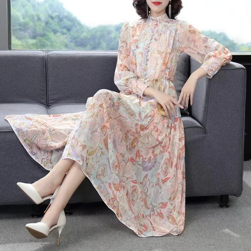 

2024 Women's Print Dress Vintage Fashion Design Lace Up Long Sleeves Single Breasted O-neck Dresses 2024 Summer Clothing 19ZZ113