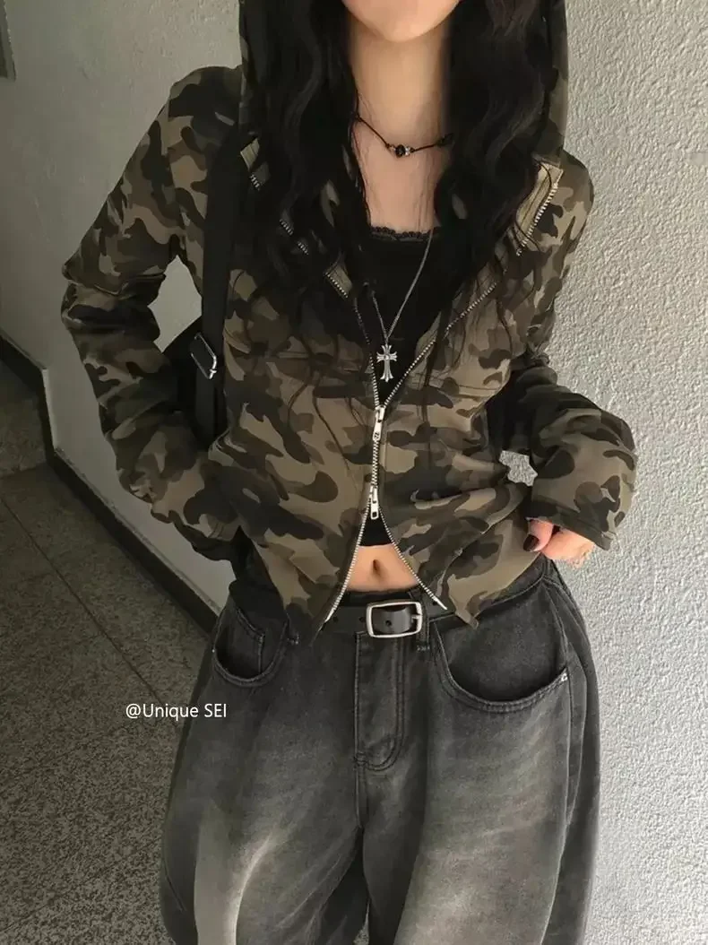 

Американский милый камуфляжный свитшот, куртки с двойной молнией, модный винтажный короткий кардиган, пальто, женский панк, новая уличная одежда Y2k