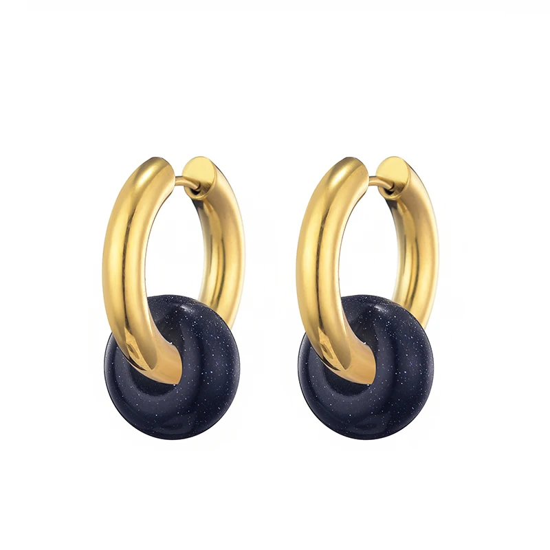 Women's Natural Stone Round Bead Hoop Earrings, Turquoise