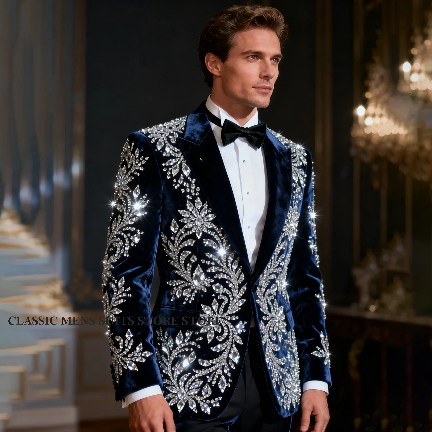 

Luxury Metal Embellished Men Suits 2 Pieces Sets Customized Party Prom Blazer Costume Slim Fit Groom Tuxedos trajes para hombre