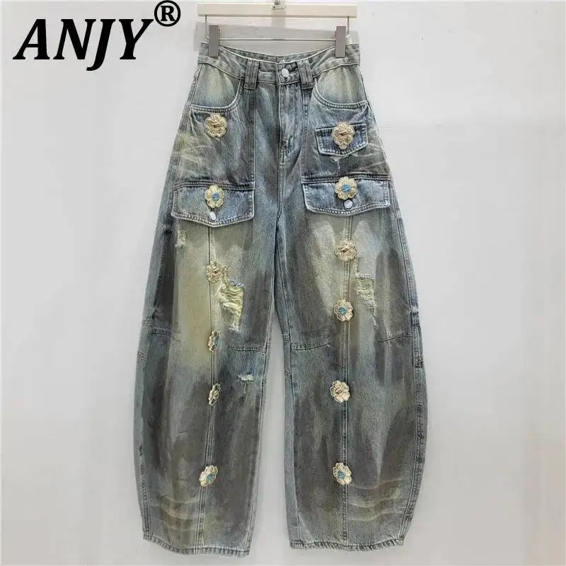ANJY Spring Autumn New Women Distressed Ripped Metal Decoration Jeans Multi-Pocket Patch Loose Wide-Leg Curve Denim Pants A25907