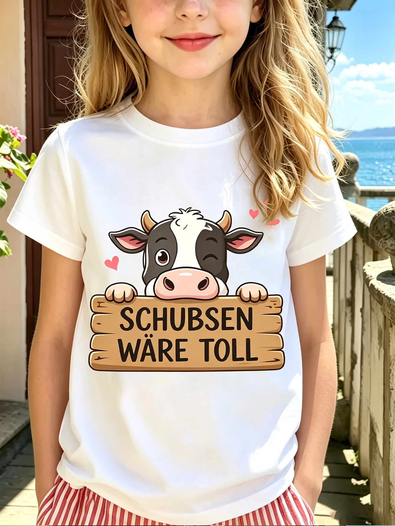 Family Matching T Shirt Cartoon Cow Schubsen Wäre Toll Text Graphic Print Short Sleeve Cotton Tee For Boys Girls Kids Daily Wear