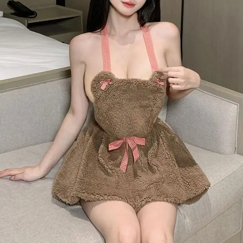 

Plush Maid Dress Simple Neck Hanging Dress Backless Short Dress Maid Outfit Soft Maid Costume Dress Neck Hanging Dress